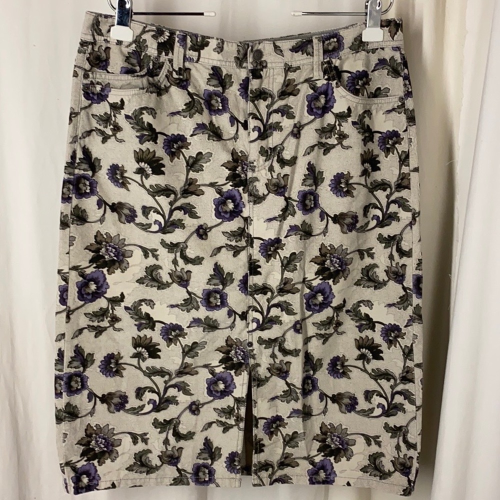 EDDIE BAUER 14 Corduroy Cream Purple Floral Skirt Straight